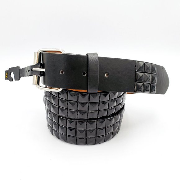 New All Black Studded Leather Belt Unisex 3-Rows Metal Pyramid Size Large - Picture 1 of 2